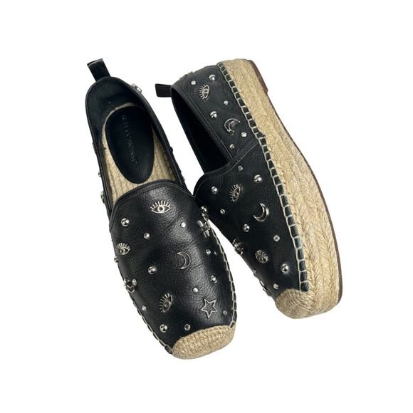 REBECCA MINKOFF Espadrille Shoes Sz 6.5M Black Silver Moons Stars Studs Flats - Picture 1 of 9